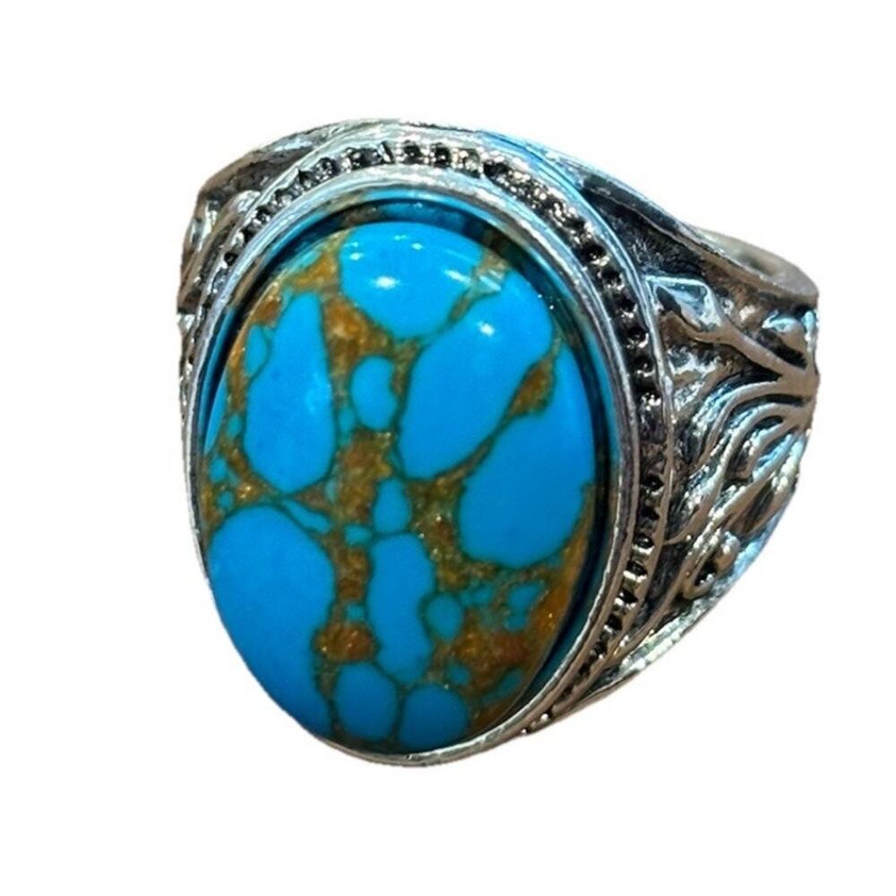 Oval Large Faux Turquoise Bezel Set Statement Ring Ornate Shank Silver Tone 7